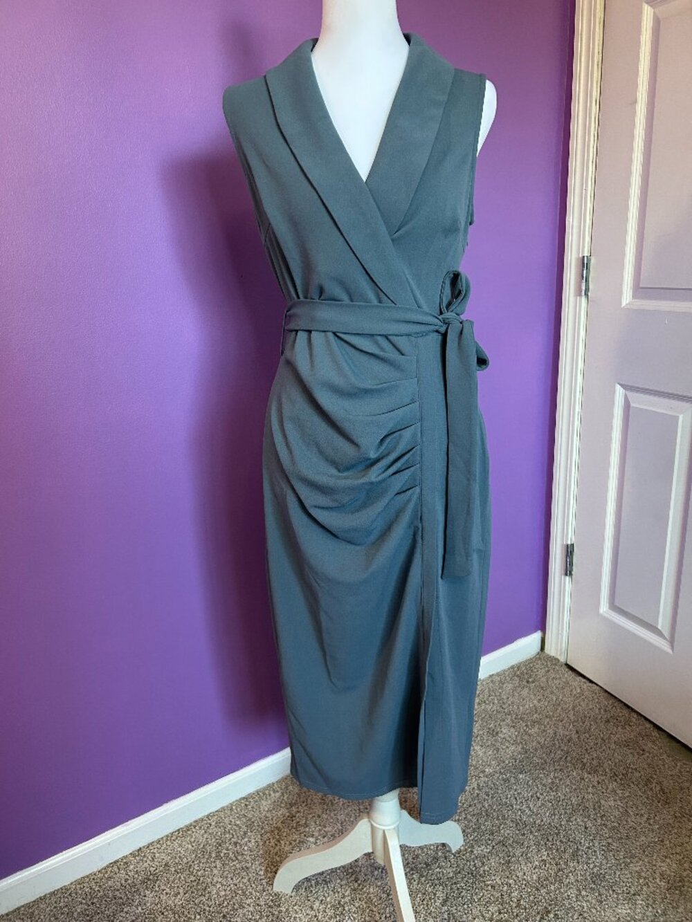 NWT Grace Karin Slate Blue Ruched Midi Wrap Dress US Size 6